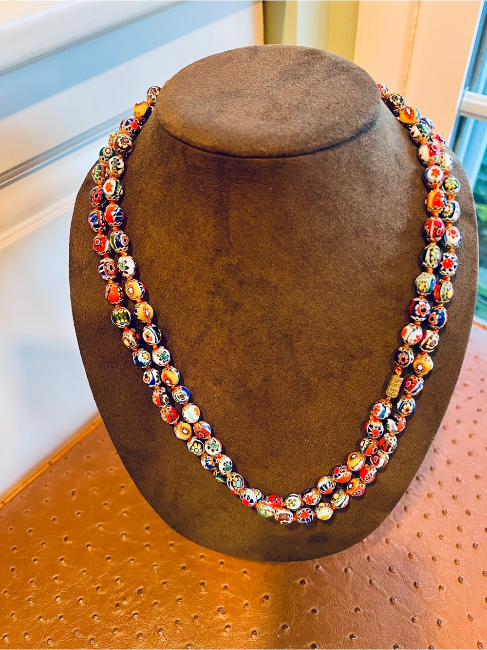 Vintage Murano Millefiori /Venetian Art Glass, 48" long, beads 7mm hand knotted
